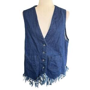 Vtg 80s Sundance Denim Vest Fringe L Made In USA Western Boho Festival Hippie